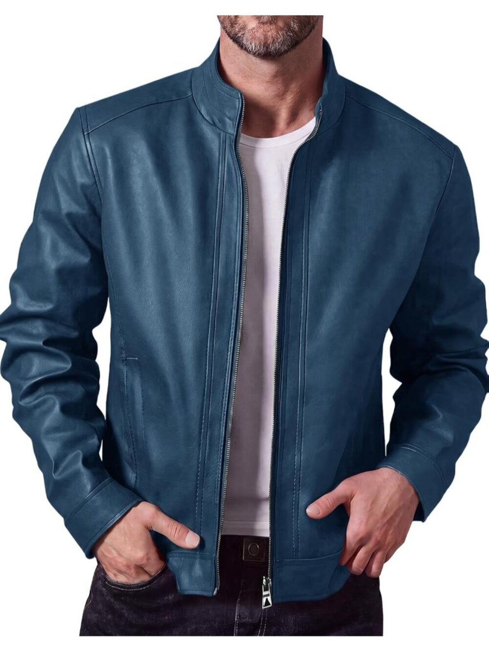 Men's Blue Stand Collar Leather Jacket Motorcycle Faux Leather Outwear Full Zip